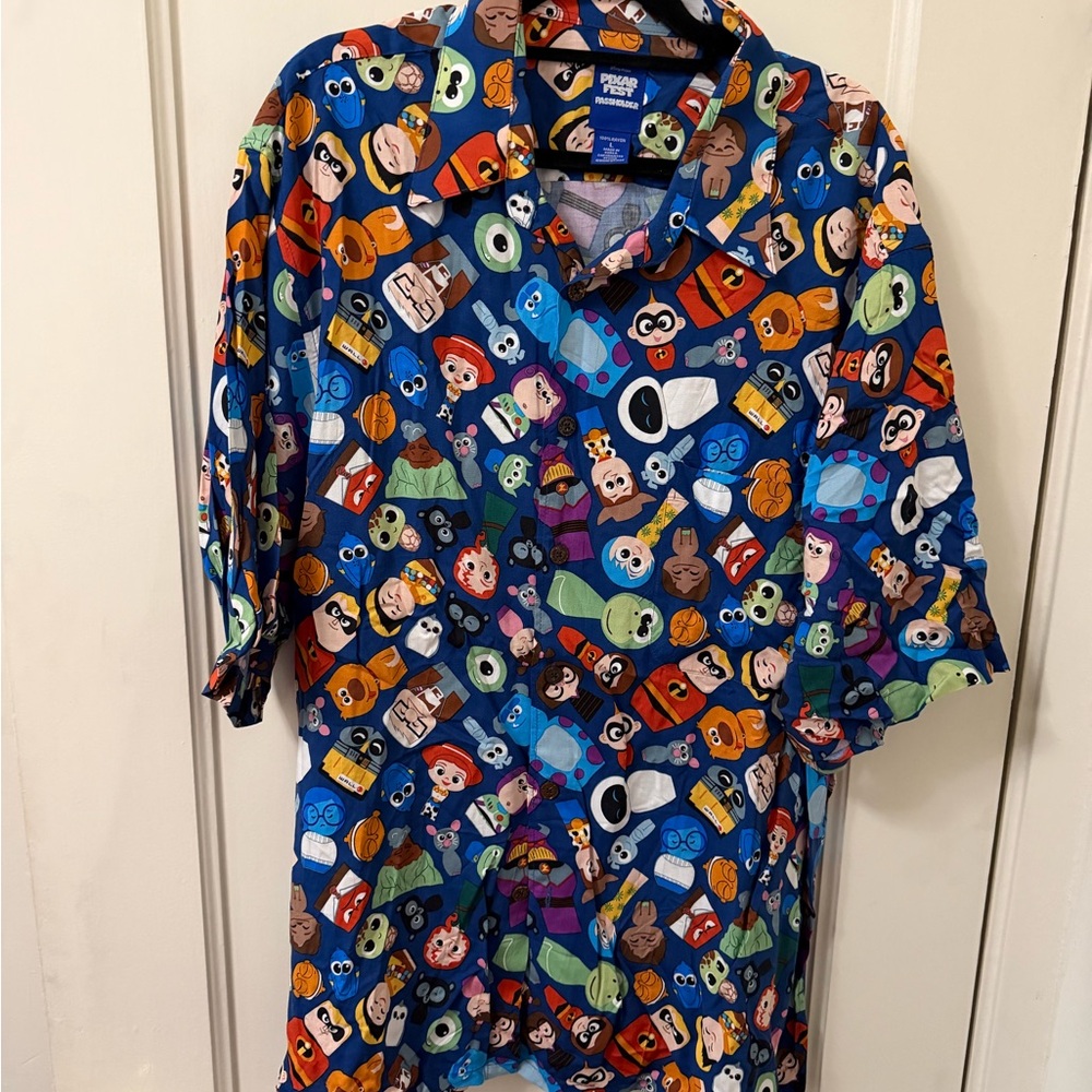 Disney Blue Multicolor Pixar Character Print Dress Shirt